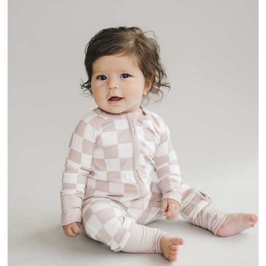 Bamboo Zip Romper | Beige Checkered