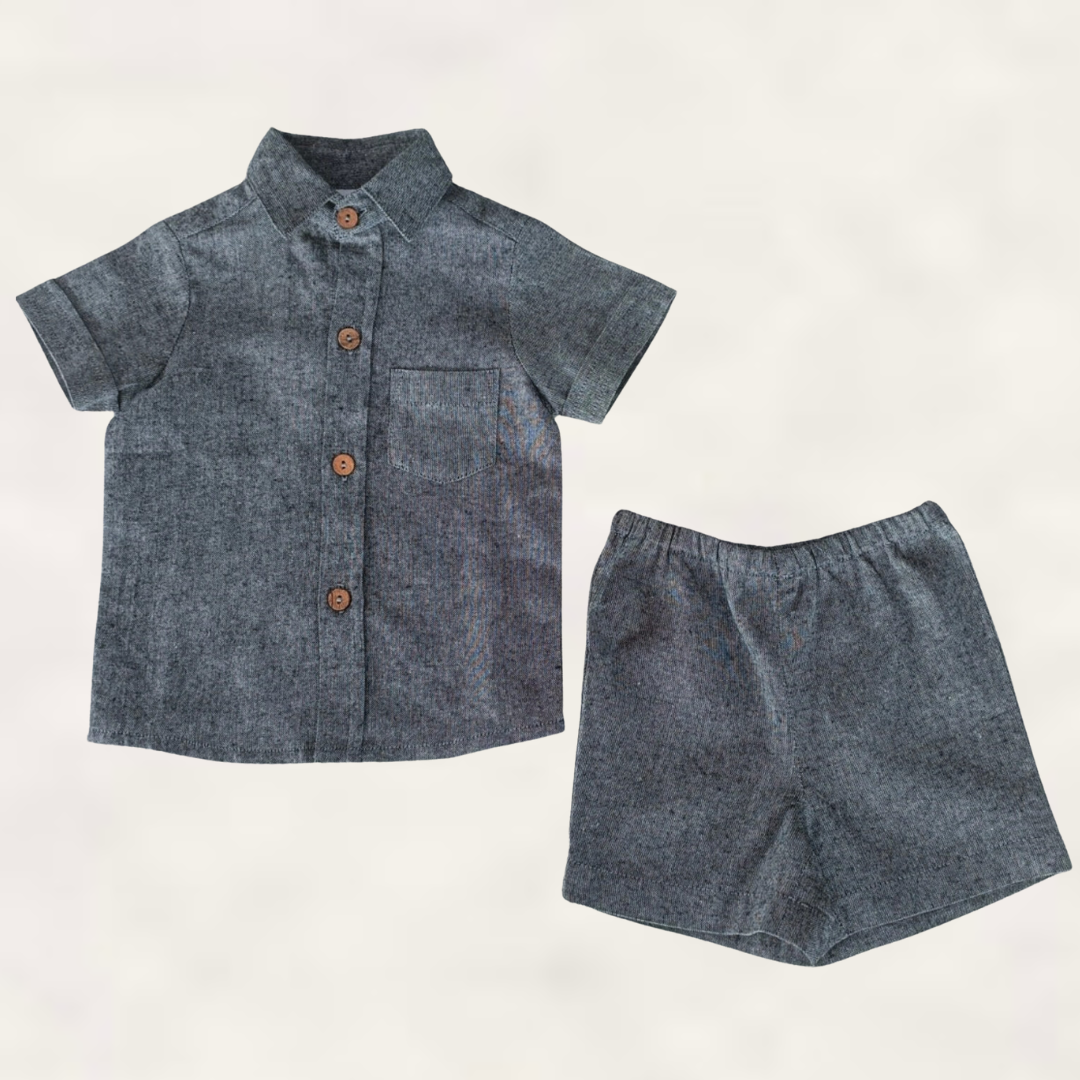 Black Chambray Shirt & Shorts Set