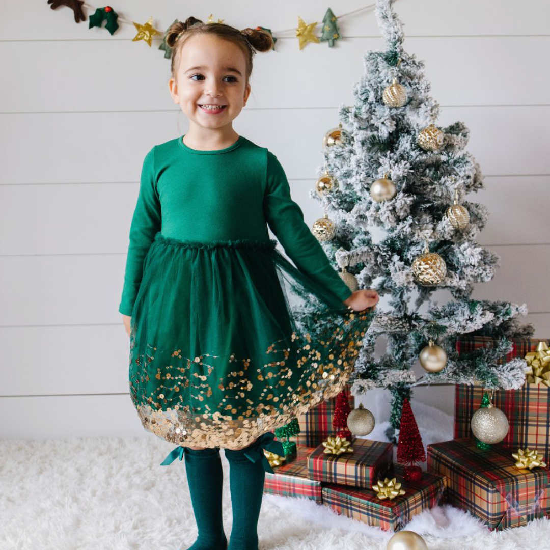 Emerald Sequin Holiday Long Sleeve Tutu Dress