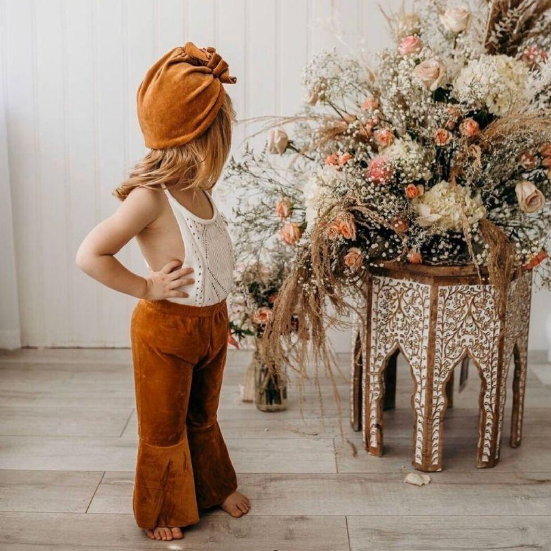 Lina Pleated Velour Bell Bottoms - Camel