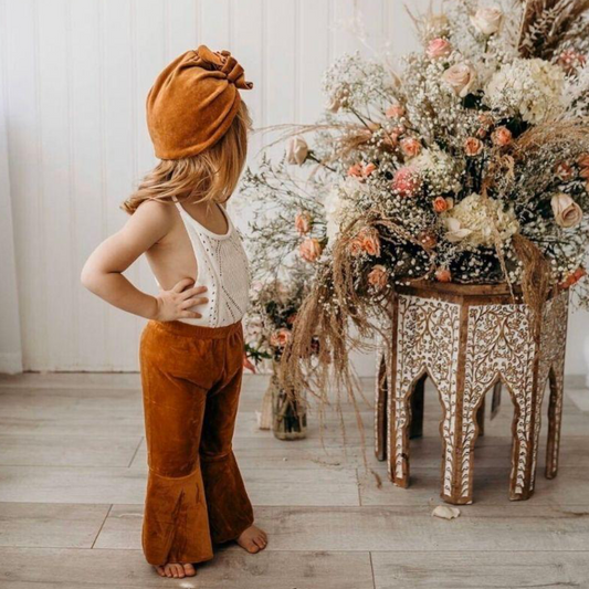 Lina Pleated Velour Bell Bottoms - Camel