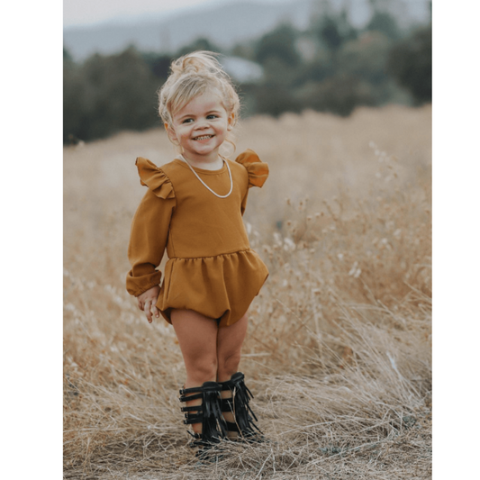 Rhodes Ruffle Bubble Romper - Dusty Mustard