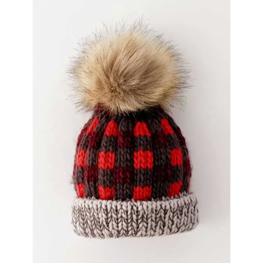 Red Buffalo Check Pom Pom Beanie Hat