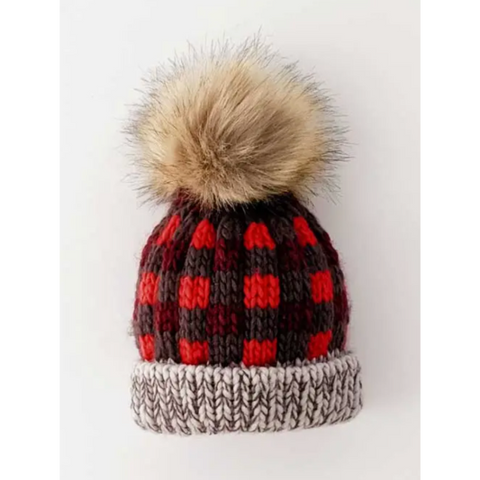 Red Buffalo Check Pom Pom Beanie Hat