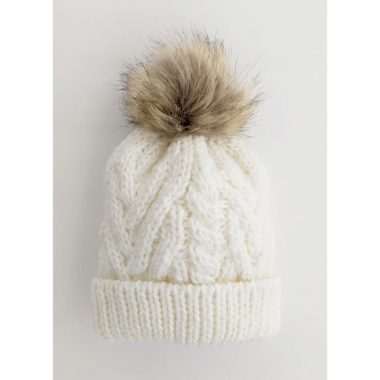 Winter White Pop Pom Pom Beanie Hat