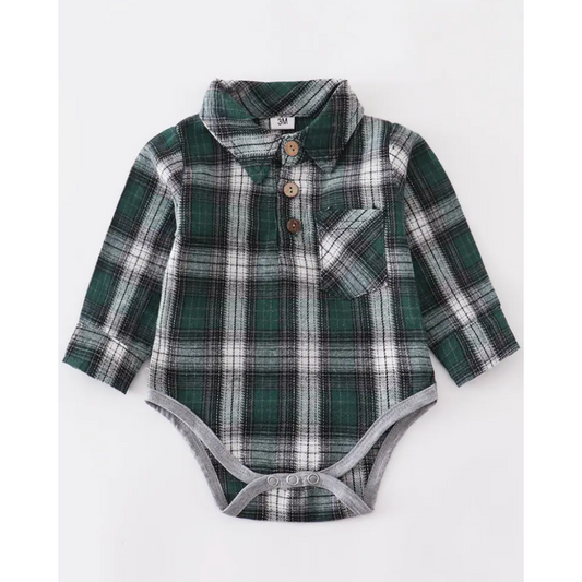 Green plaid button down romper