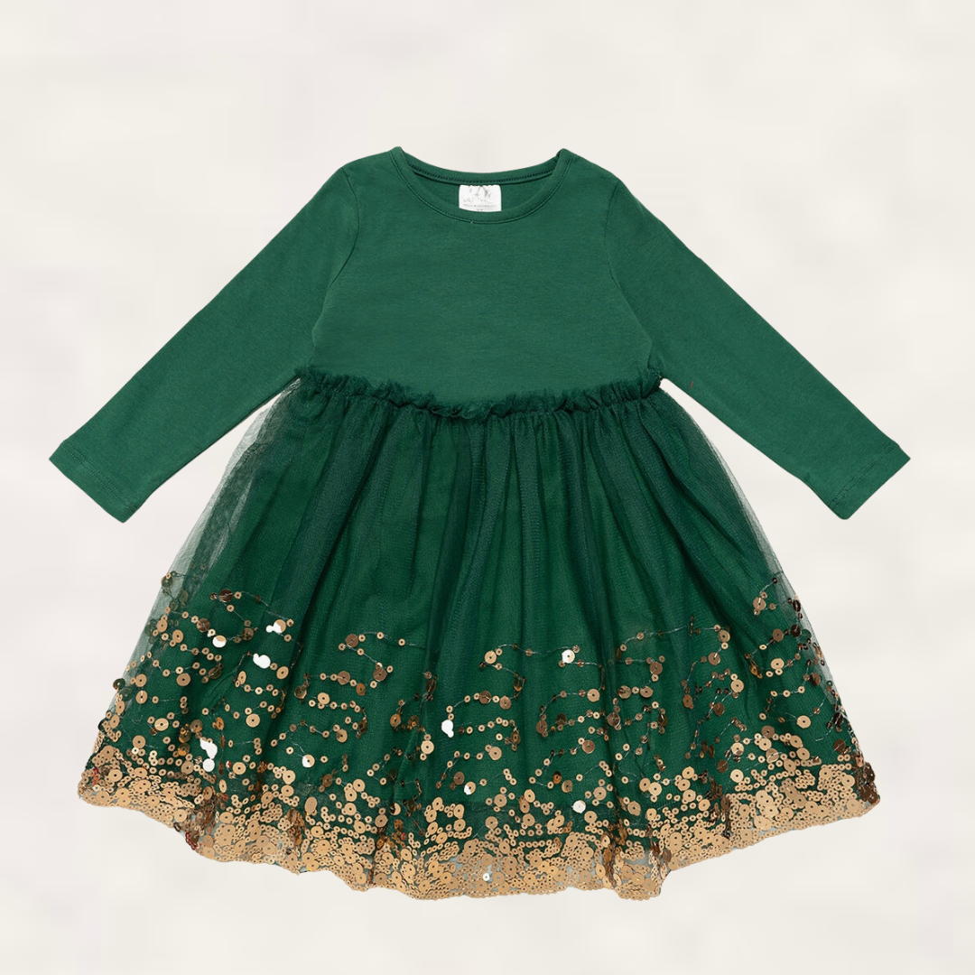 Emerald Sequin Holiday Long Sleeve Tutu Dress