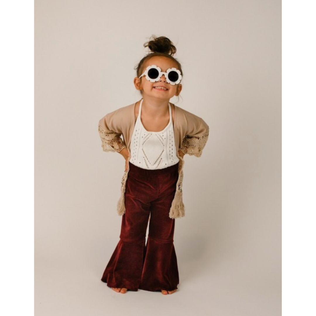 Lina Pleated Velour Bell Bottoms - Wine